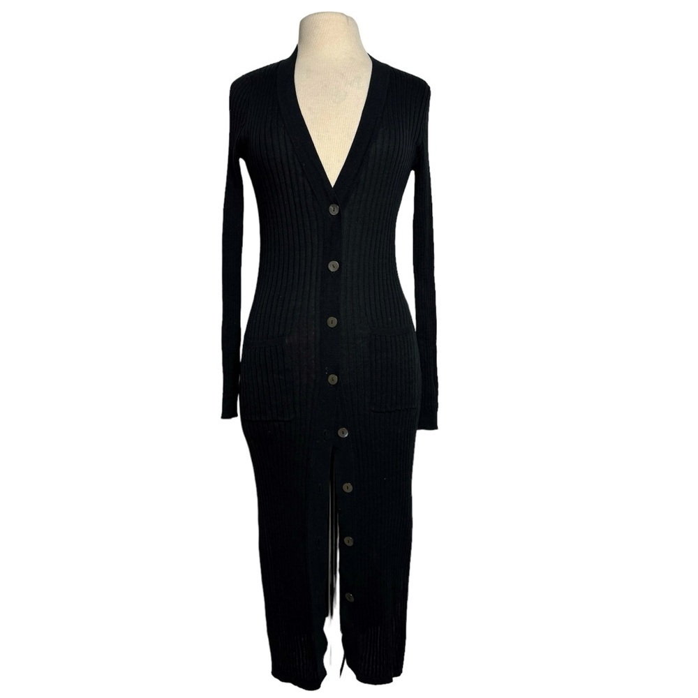 Long Ribbed Button-Front Black Cardigan Sweater